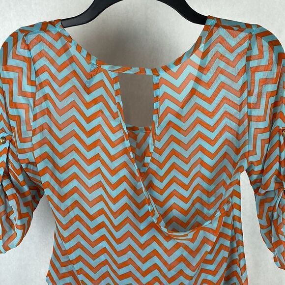 Yahada Sheer Blouse Top Shirt Size Small Turquoise Orange Chevron 3/4 Sleeve - Picture 6 of 13